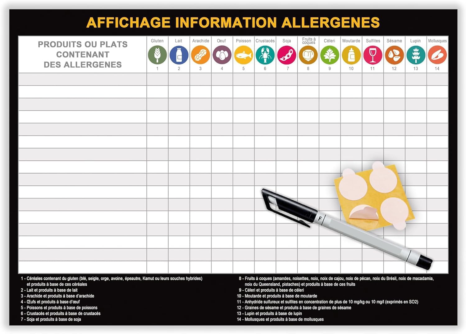 Panneau affichage allergènes boulangerie 2025 - Affichage allergene restaurant obligatoire - Information sur allergènes - A4 plastifié effaçable + feutre + pastilles adhésives (A4AllNoir)