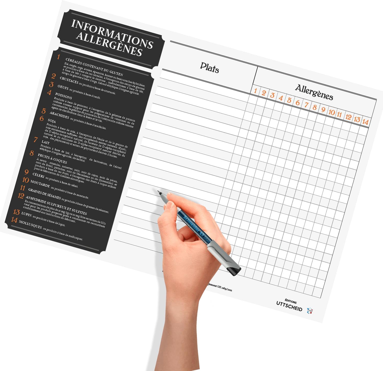 Affichage Allergènes Classique - Plastifié et effaçable - Feutre fourni - Format : 30.5 x 42.5 cm.
