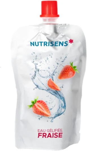 NUTRISENS - Eau gélifiée en gourde - Goût fraise (Lot de 36) - Texture lisse et homogène - Sans sucre ajouté - Pratique et transportable - Résiste à l’amylase salivaire – Arôme naturel