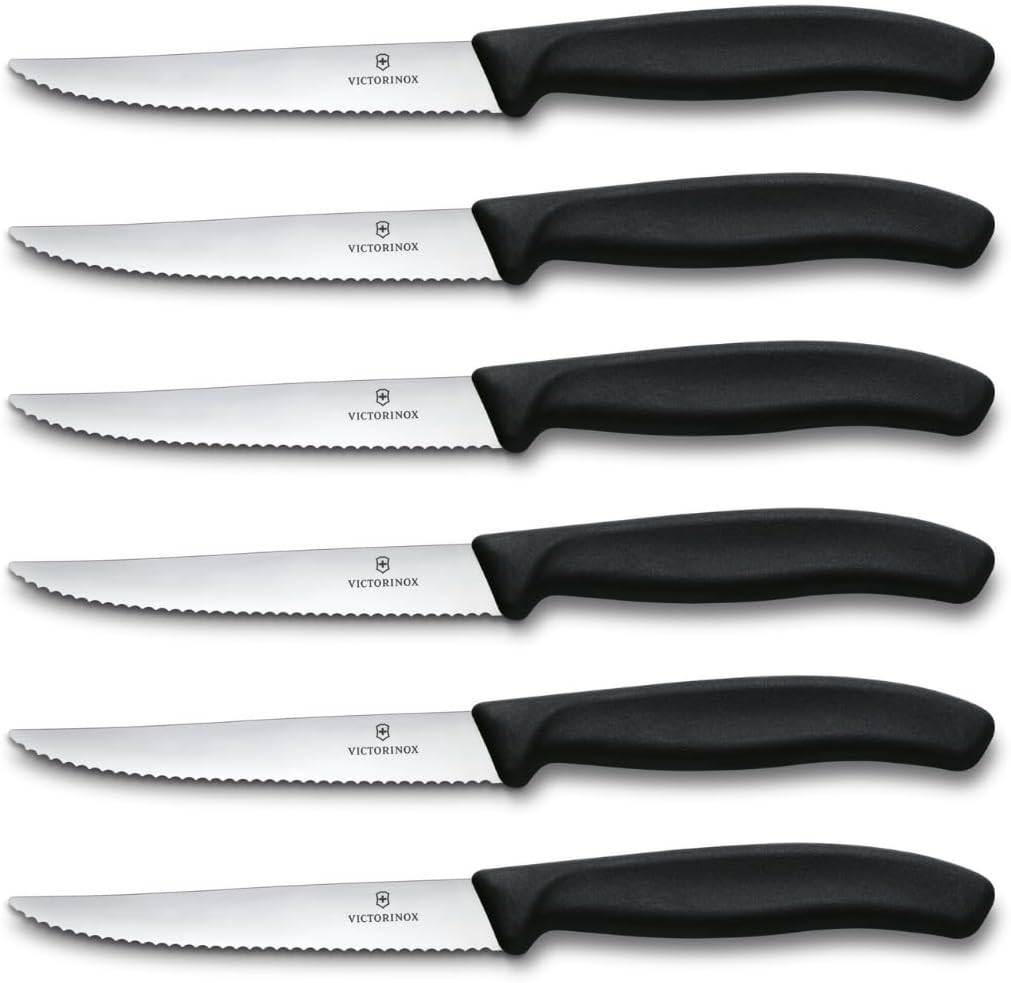 , Set de Couteaux à Steak Swiss Classic, 6 Pièces, Lame très Tranchante, Tranchant Denté, 11 cm, Manche Synthétique Robuste, Acier Inoxydable, Noir Noir Unique
