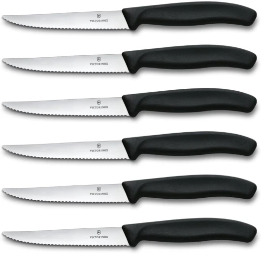 , Set de Couteaux à Steak Swiss Classic, 6 Pièces, Lame très Tranchante, Tranchant Denté, 11 cm, Manche Synthétique Robuste, Acier Inoxydable, Noir Noir Unique