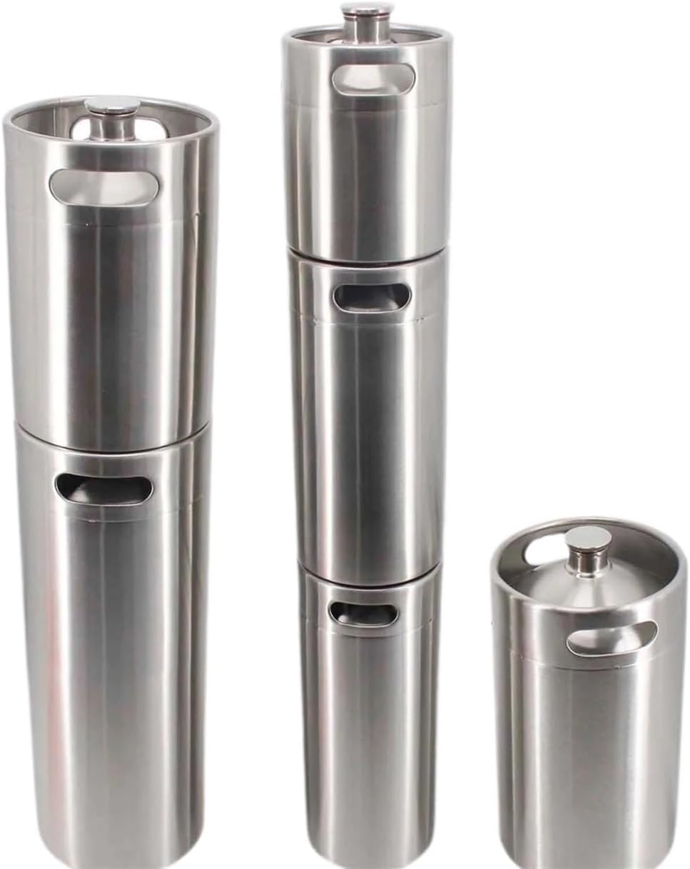 GeRnie Mini fût de bière 2/3, 6/4/5l, qualité Alimentaire, en Acier Inoxydable 304, Argent Noir, Bouchon à vis à paroi Unique, Rechargeable, Portable, for Brassage à Domicile(2L Silver)