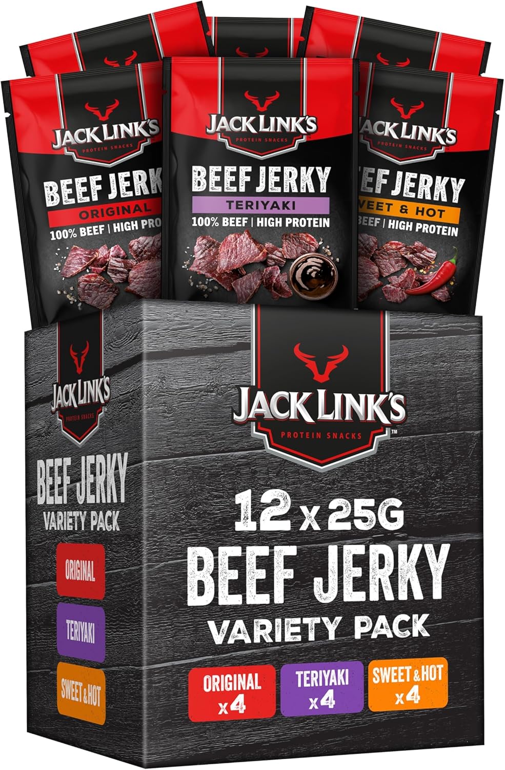 Jack Links Beef Jerky pack de mélanges (12 x 25 g) - Viande séchée - Riche en protéine snack - Charcuterie - Viande de boeuf - Boeuf séché Mélange 25 g (Lot de 12)