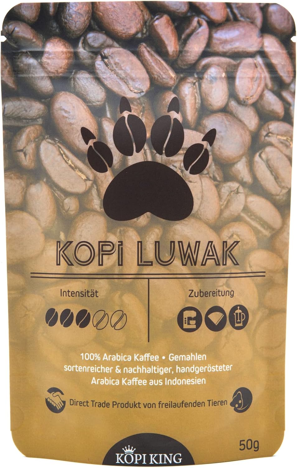 Café Kopi Luwak 100% Arabica 50g (café de chat provenant d'animaux vivant en liberté) (50g moulu) - Variétés pures - Café rare - Commerce direct