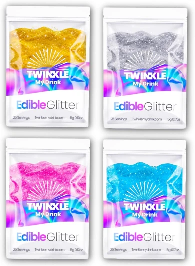 Twinkle Drink Paillettes Comestibles Vegan 4 Couleurs Or Argent Rose Bleu - 4 x 5g (100 Portions Total) - 25 Portions par Sachet - Halloween Decoration - Décoration Cocktails Gâteaux Cupcakes
