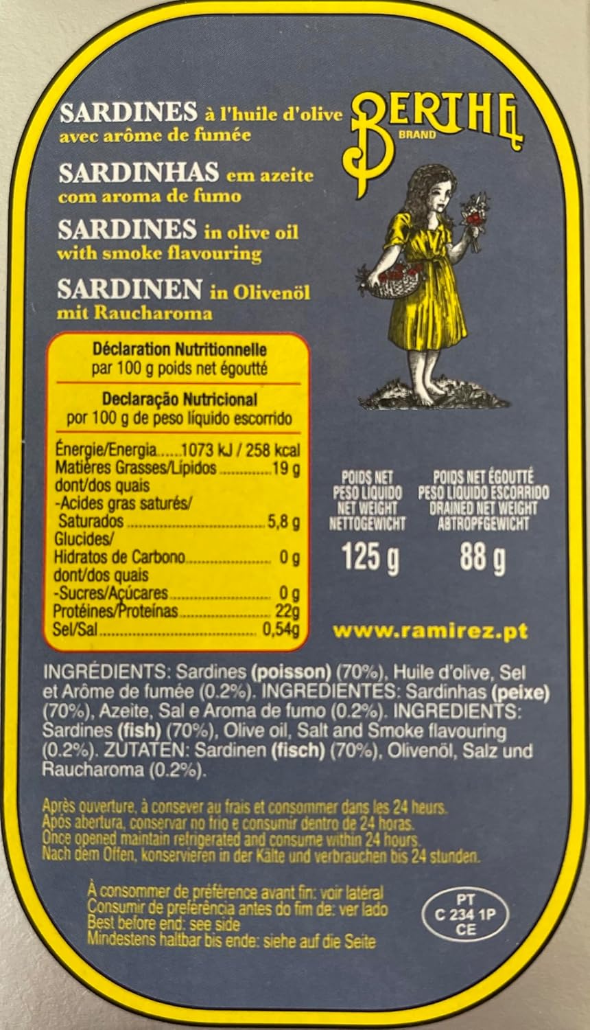 Berthe – Pack de 6 Sardines à l’huile d’olive avec arôme de fumée – 125 g - Portugal