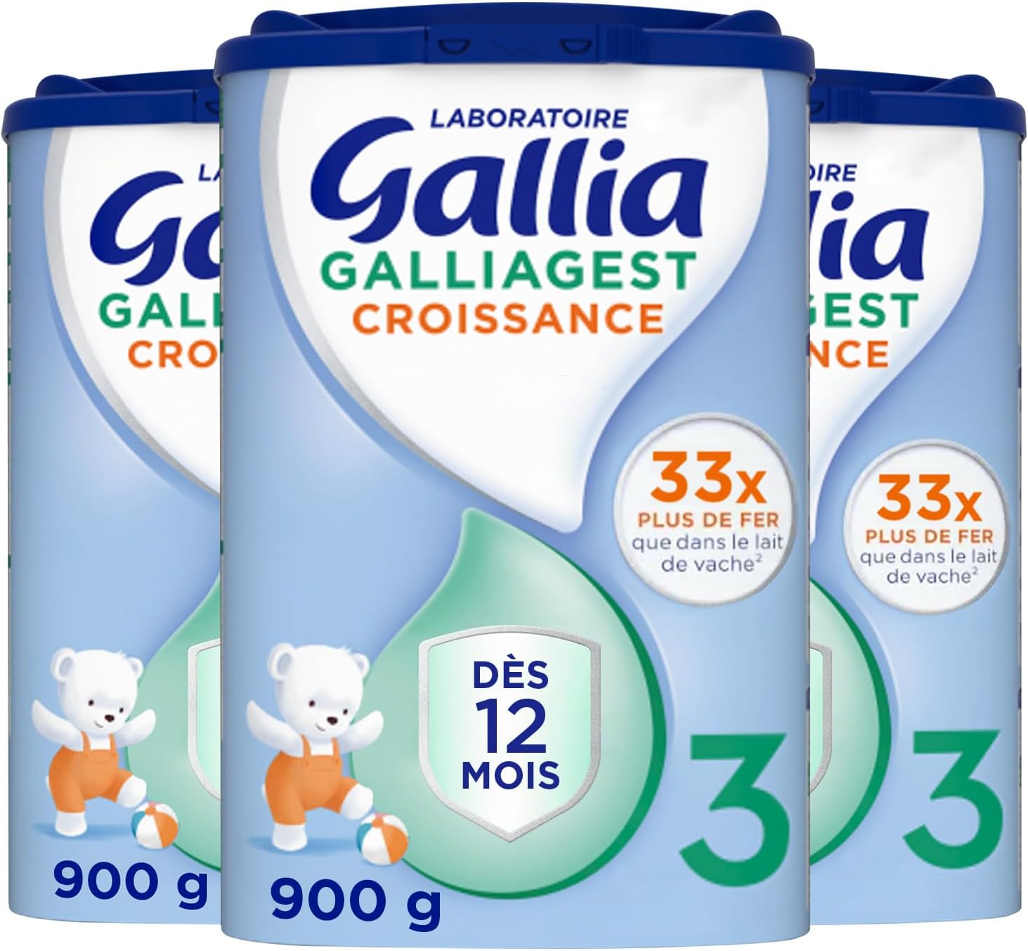 Galliagest Croissance 3ème âge - Lait en Poudre pour Bébé - Dès 12 Mois - 78 Biberons - Lot de 3x900g