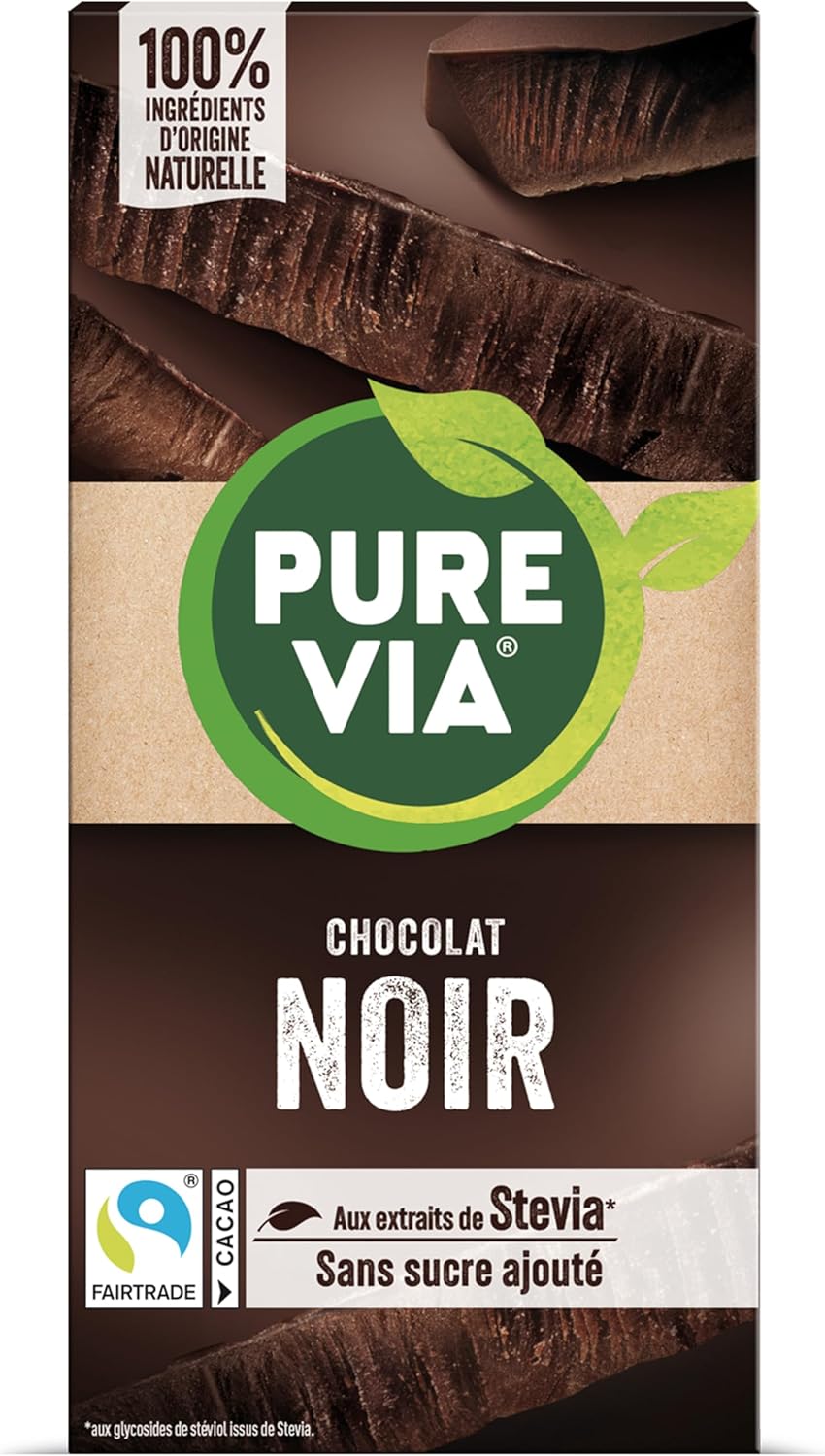 Tablette Chocolat Noir à la Stevia, Sans sucre ajouté, Équitable 100g
