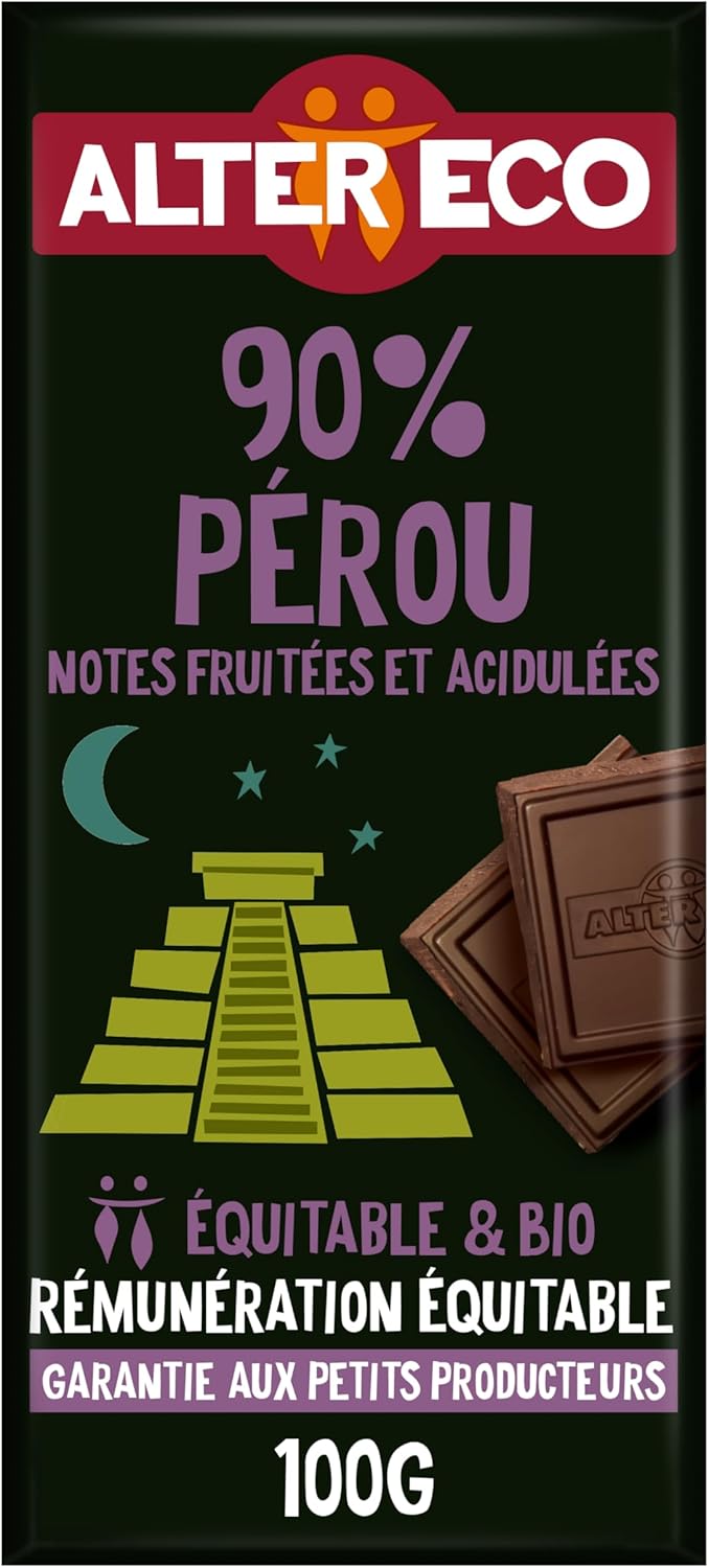 Tablette Chocolat Noir 90 % - Notes Intenses de Cacao - Bio & Équitable - Origine Pérou - 100 g