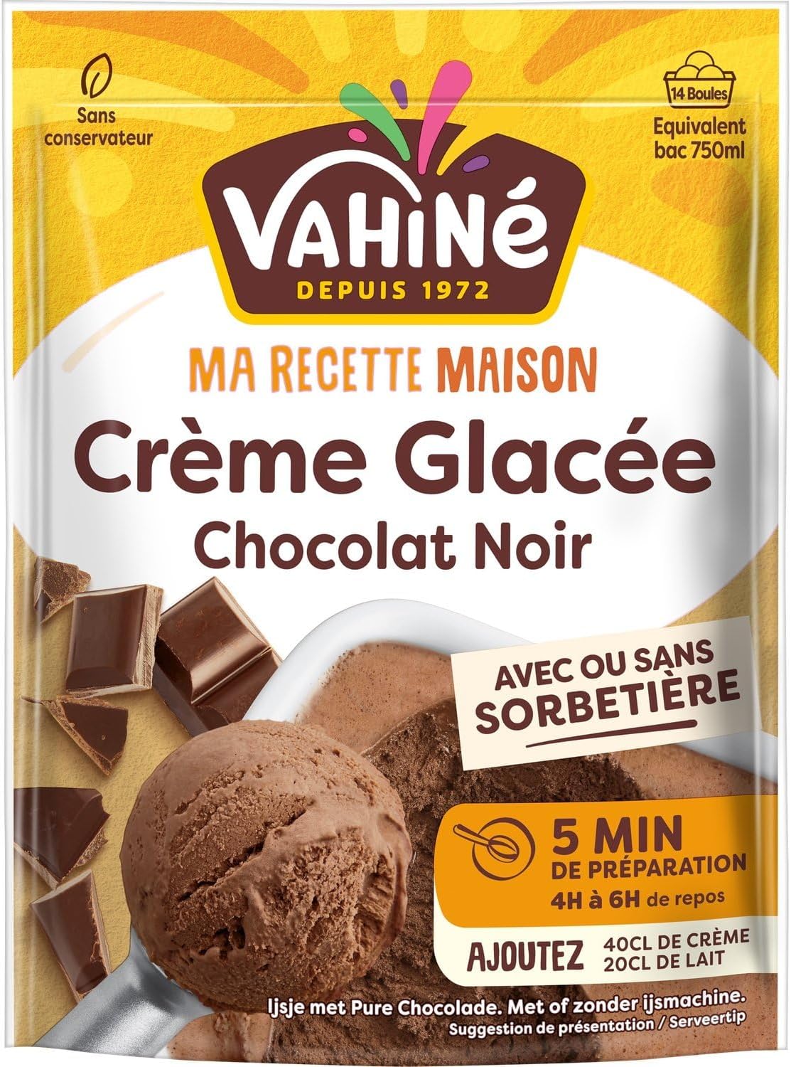 VAHINE – Préparation Gourmande pour Crème Glacée au Chocolat Noir, Texture Onctueuse (210g) - lot de 3 - Vendu par Lot