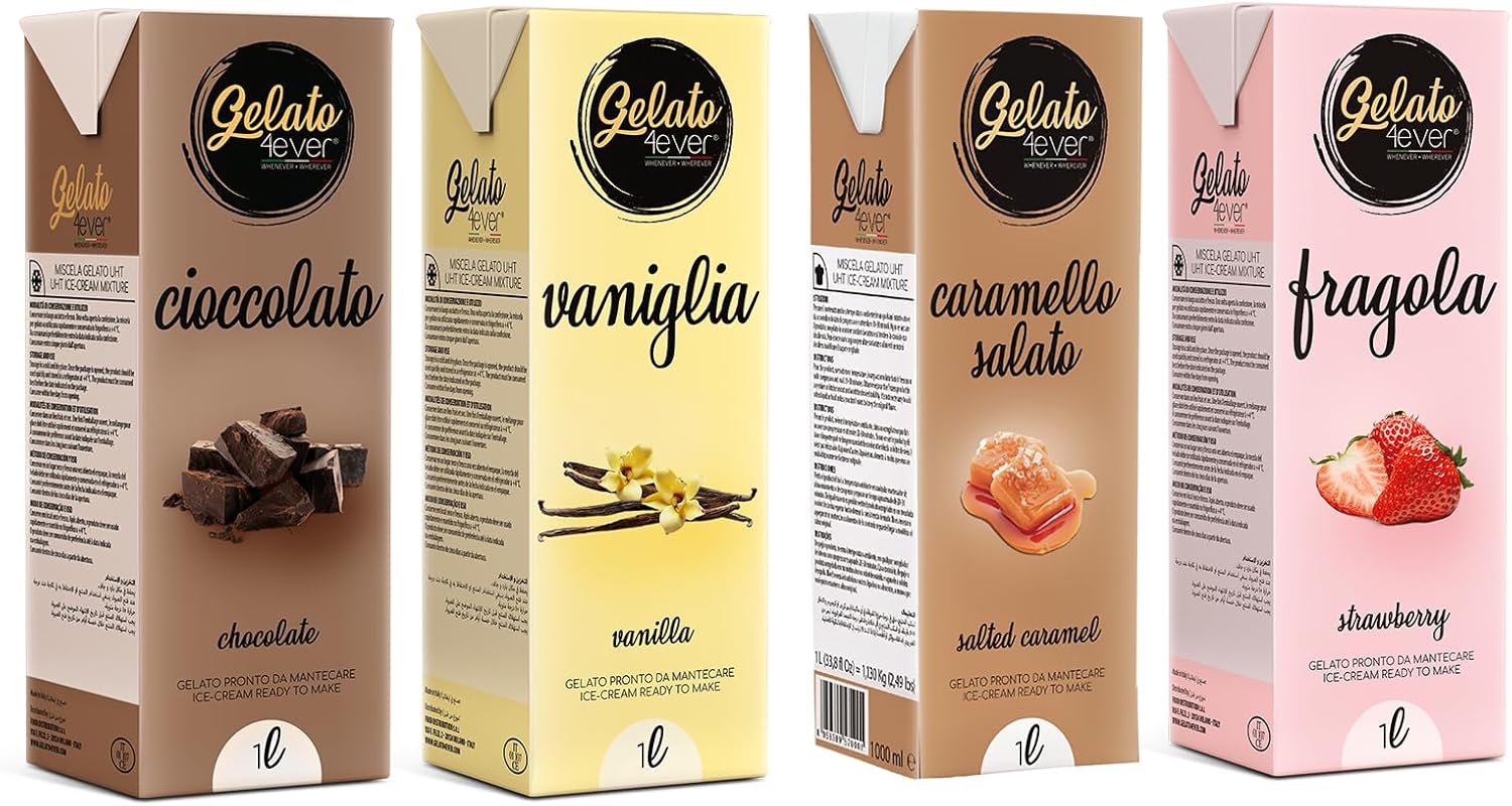 Crème glacée 4ever - Crème glacée prête à mantecare Pack (Chocolat - Vanille - Fraise - Caramel salé)