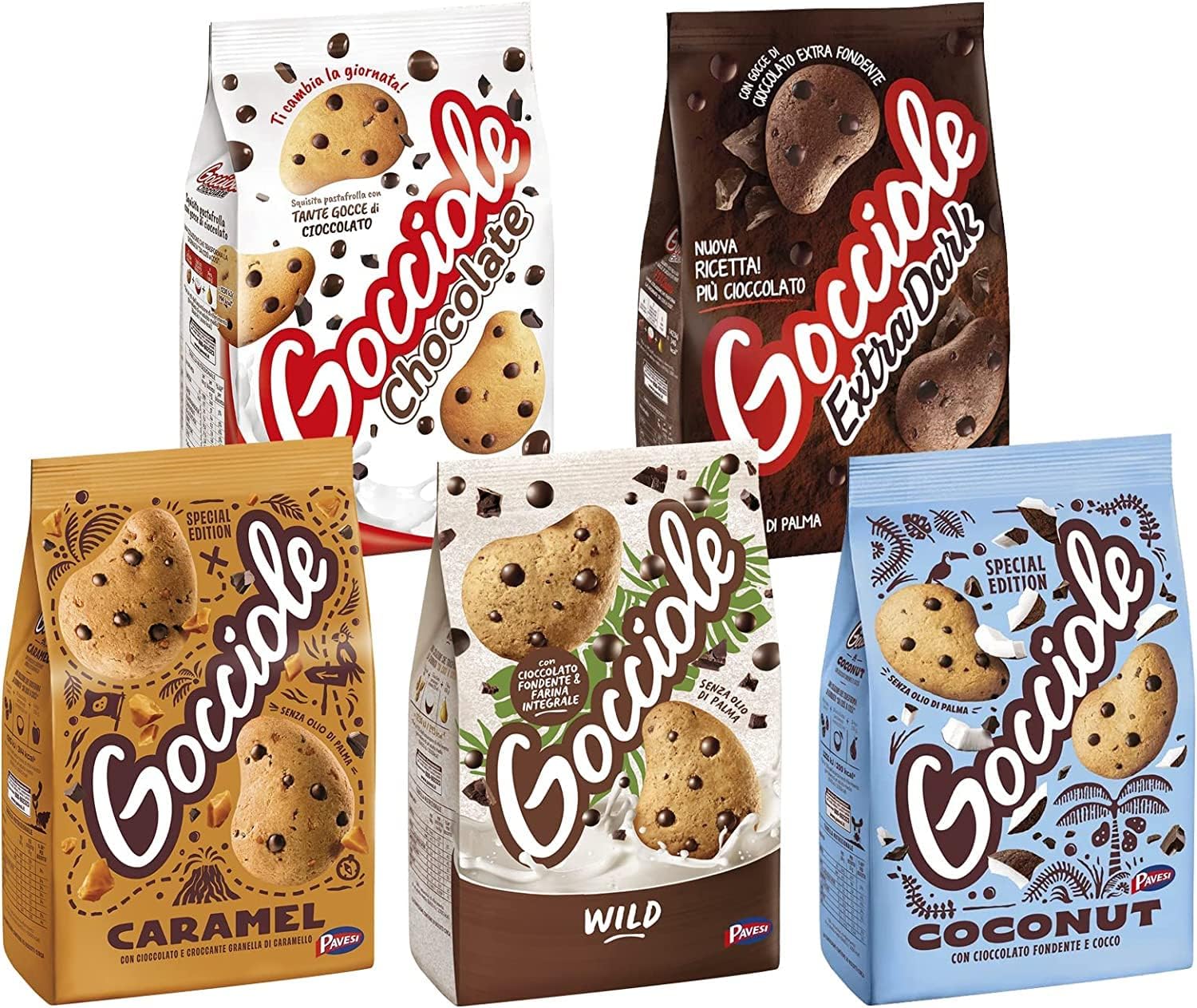 Mix Pavesi – Pack assorti avec Gocciole de chocolat, caramel, noix de coco, gibier et extra foncé – Biscuits avec gouttes de chocolat