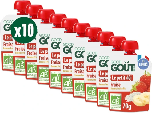 GOOD GOÛT - Petit Déj Fraise - Gourde Pour Bébé - Dès 6 Mois - Format Nomade - Sans Sucres Ajoutés - 10x70g Fraise 70 g (Lot de 10)