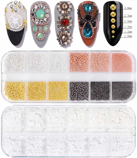 GZMAYUEN Perles Caviar Ongle Nail Art, 1.0/1.2/1.5mm 3D Nail Metallique Bille Caviar, Mélange Blanc Décoration Ongles Perles Bijoux Ongles Nail Art Set 2