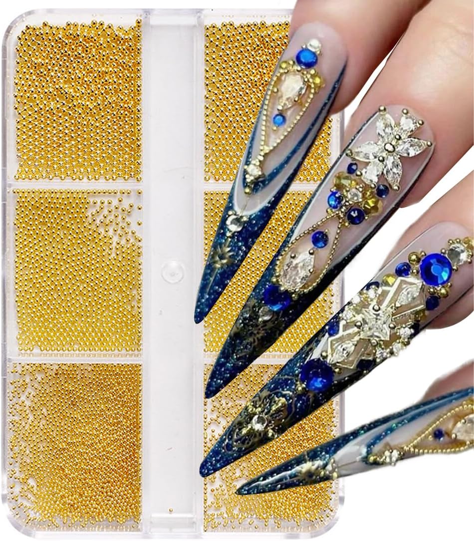 EYVRPAU 1 pcs Micro Caviar et Mini Caviar,Perles Ongles Rond Bijoux,Nail Art Bijoux Ongles,Accessoires Ongles,Strass Accessoires pour Nail Art Décorations (0.6-2.0mm(Or)) Or 0.6/0.8/1.0mm