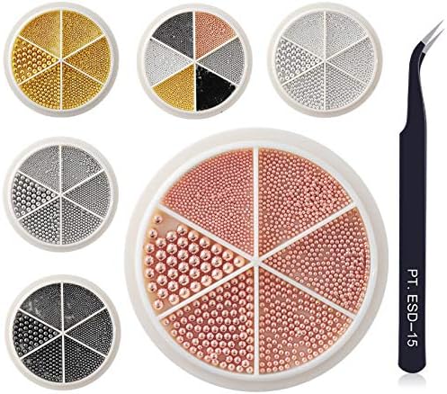 6 roues Mini Nail Glitter Caviar perles avec une pince à épiler incurvée noire Nail Art manucure décorations accessoires