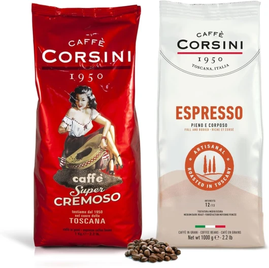 Caffè Corsini - Set Café en Grains Espresso à Maison Comme au Bar, Goût Intense, 2x1kg, 2kg Total