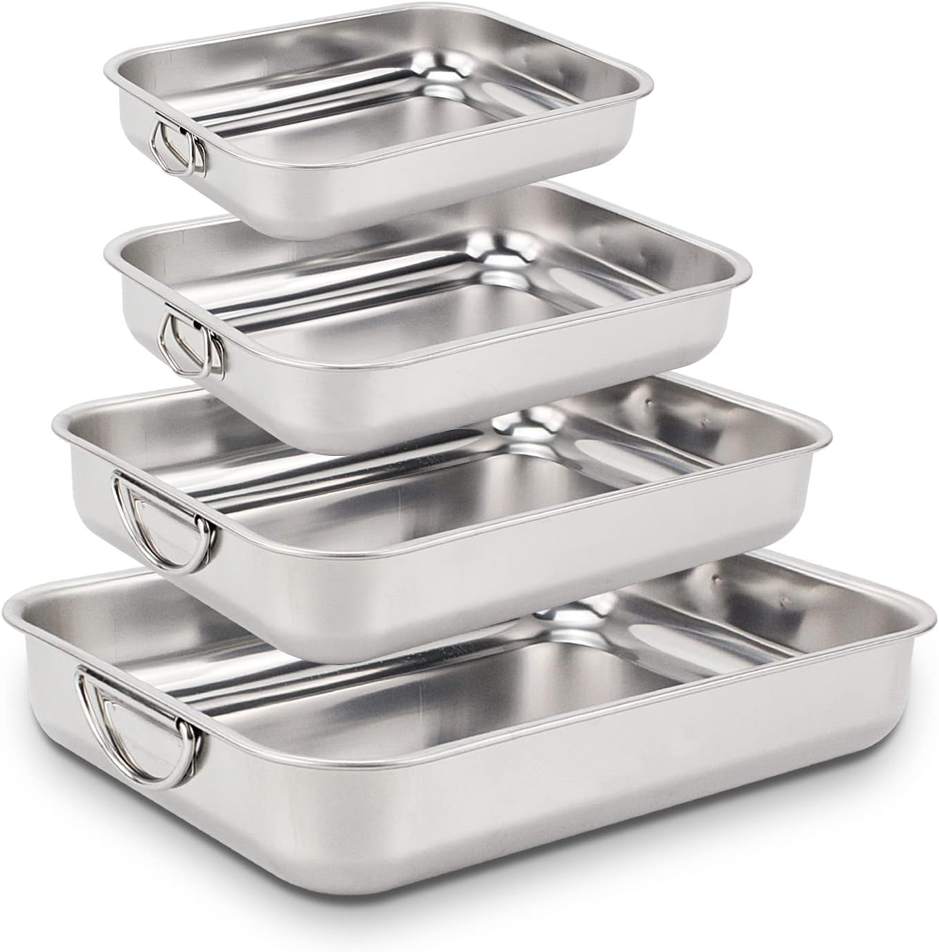 Set de 4 Tailles Plat à four Inox Rectangulaire avec Poignées Plat de cuisson en Acier Inoxydable Bac de Cuisson en INOX Plat à Lasagne