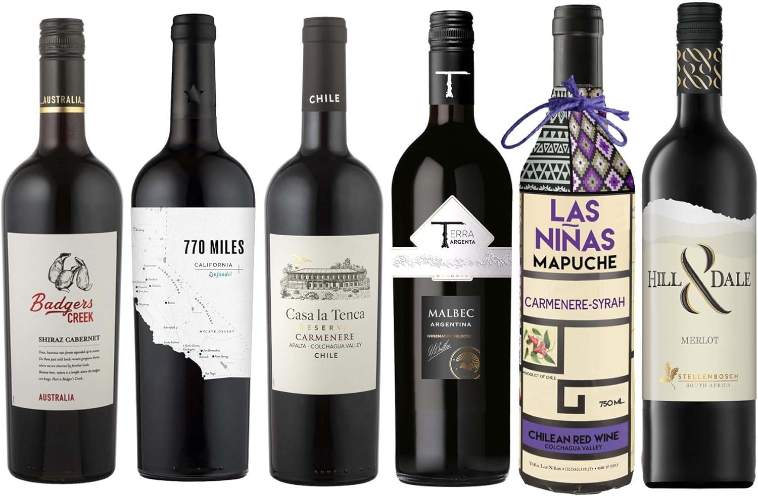 Assorti Dégustation - Assortiment de 6 vins rouges du Nouveau Monde - Argentine, Californie, Chili, Australie, Afrique du Sud (6 x 0,75L)