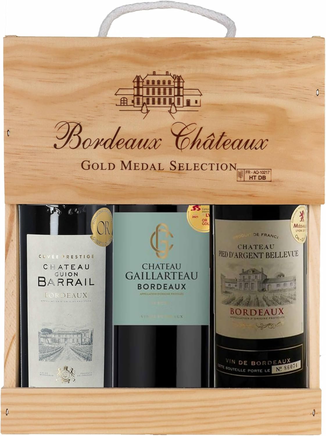 Sélection Bordeaux - Coffret cadeau vin rouge médaille d'or en caisse bois - Idéal pour offrir - Origine : Bordeaux, France (3 x 0.75 l)
