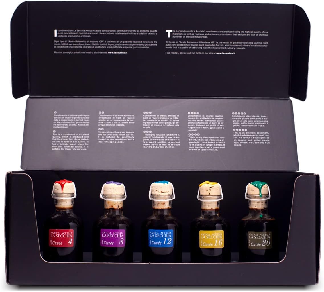 Coffret Dégustation de 5 Variétés de Vinaigre Balsamique de Modène IGP avec Différents Vieillissements, 5 Bouteilles de 50 ml, Fabriqué à la Main en Italie