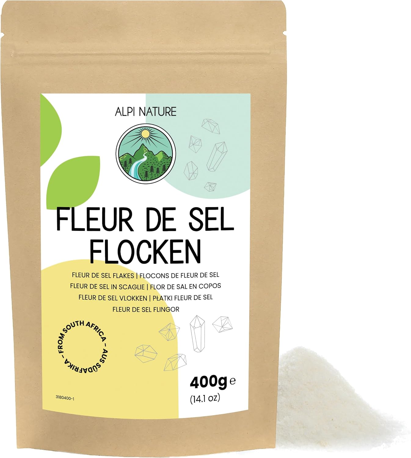 Fleur de Sel Flocons 400g, Cristaux de Sel de Mer 0.5-2mm d'Afrique du Sud pour la Cuisine Gourmet 400 g (Lot de 1)