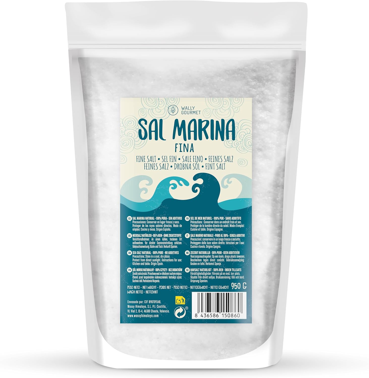 Sel de Mer 100% Naturel Non Raffiné – Minéral, Écologique, Haute Pureté, Parfait Pour La Cuisine – Qualité Supérieure - Sel Naturel Non Raffiné Origine : Espagne - Fin 950 g (Lot de 1)