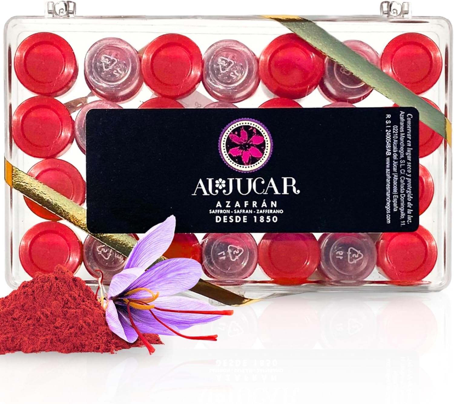 Safran moulu sélectionné - Épice naturelle pour paellas - Safran espagnol sans colorants artificiels - Safran pur en capsules - Boîte de poudre de safran de 28 unidoses de 0,250 g