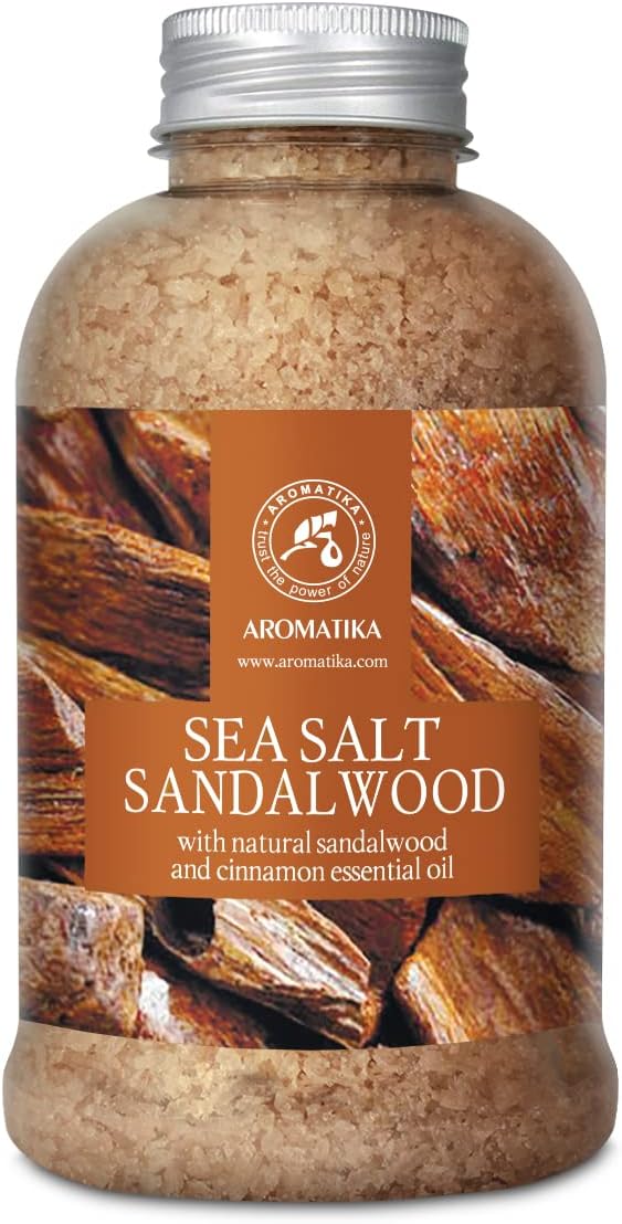 Sels de Bain Bois de Santal 600g avec Huile Essentielle de Bois de Santal et Cannelle Naturel - Sel de Mer - Idéal pour Bain - Bon sommeil - Relaxant - Soin du Corps - Beauté