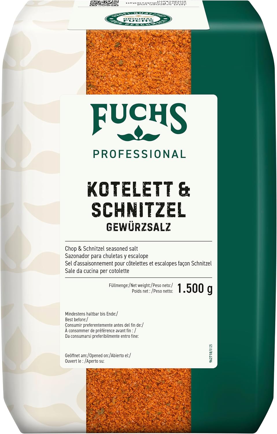 Fuchs Professional - Sel d'assaisonnement pour côtelettes et escalopes façon Schnitzel - Qualité professionnelle pour les gros consommateurs - 1,5 kg dans un sac recyclable