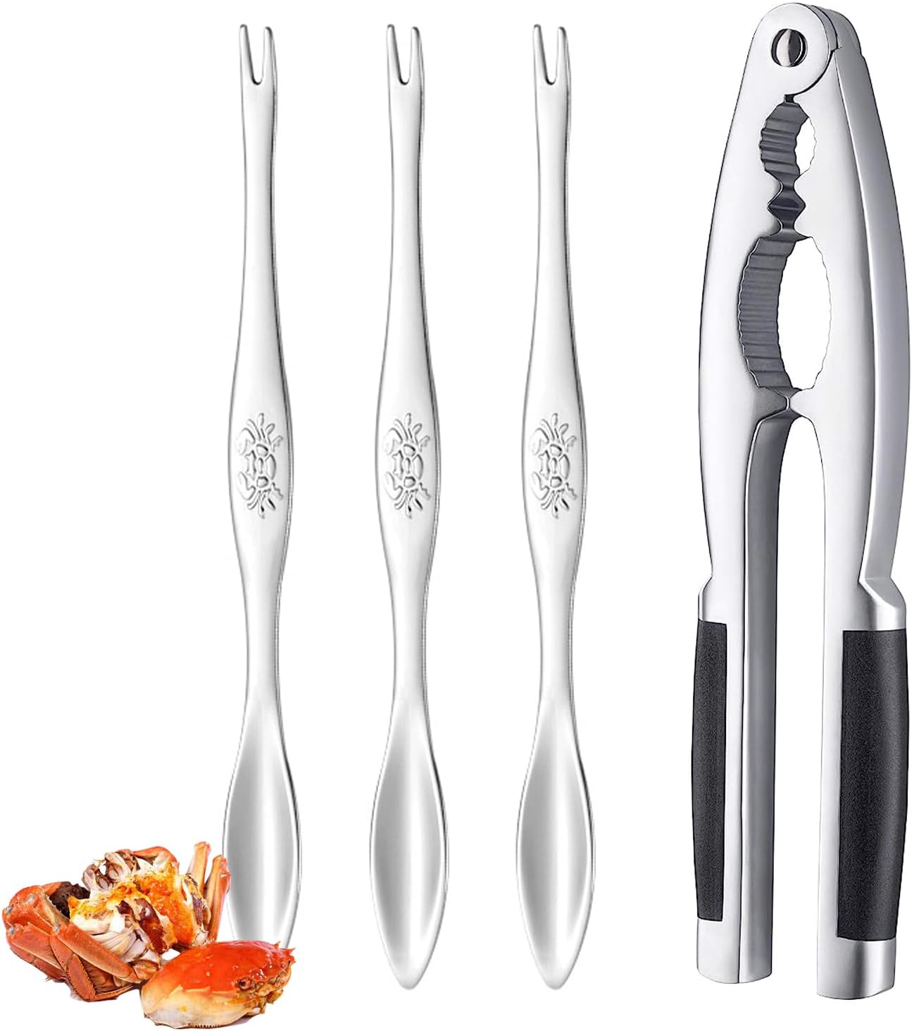 Pince Casse Homard et Pince a Crabe Ensemble, 1 Pince à Croquer de Crabe Robuste à Poignée Antidérapante, 3 Pinces à Croquer de Homard en Acier Inoxydable Sélection de Homard Festin Home Seafood Tools