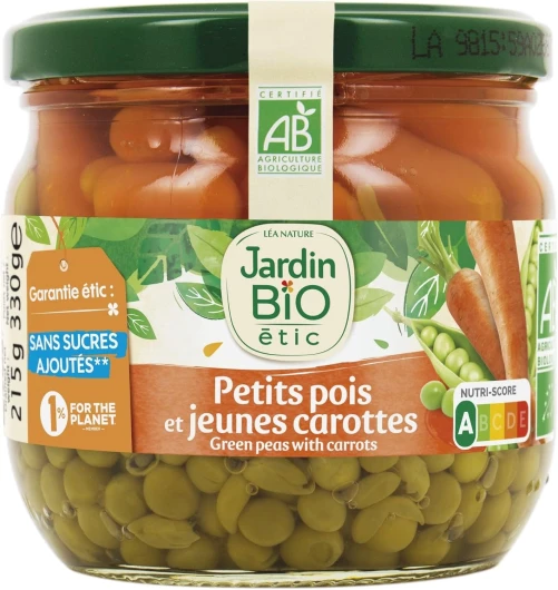 Jardin BiO étic - Petits pois et jeunes carottes - bio - Salé - Certifié AB - Bocal de 215g