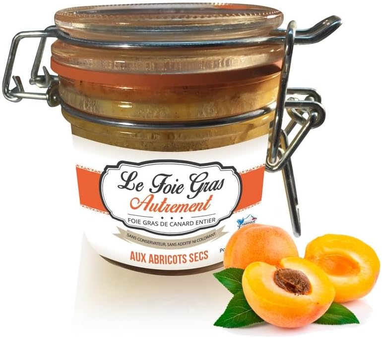 Foie gras abricot 200g, recette artisanale, foie gras de canard entier, fait maison, sans conservateur, spécialité du sud-ouest, bocal longue conservation