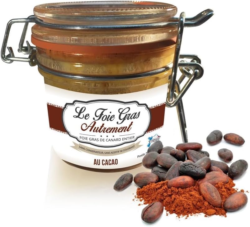 Foie gras de canard entier 200g au cacao – fabrication française artisanale – sans conservateur – idéal apéritif, fêtes, coffrets gourmands – recette du Sud-Ouest aux saveurs raffinées Cacao 200g
