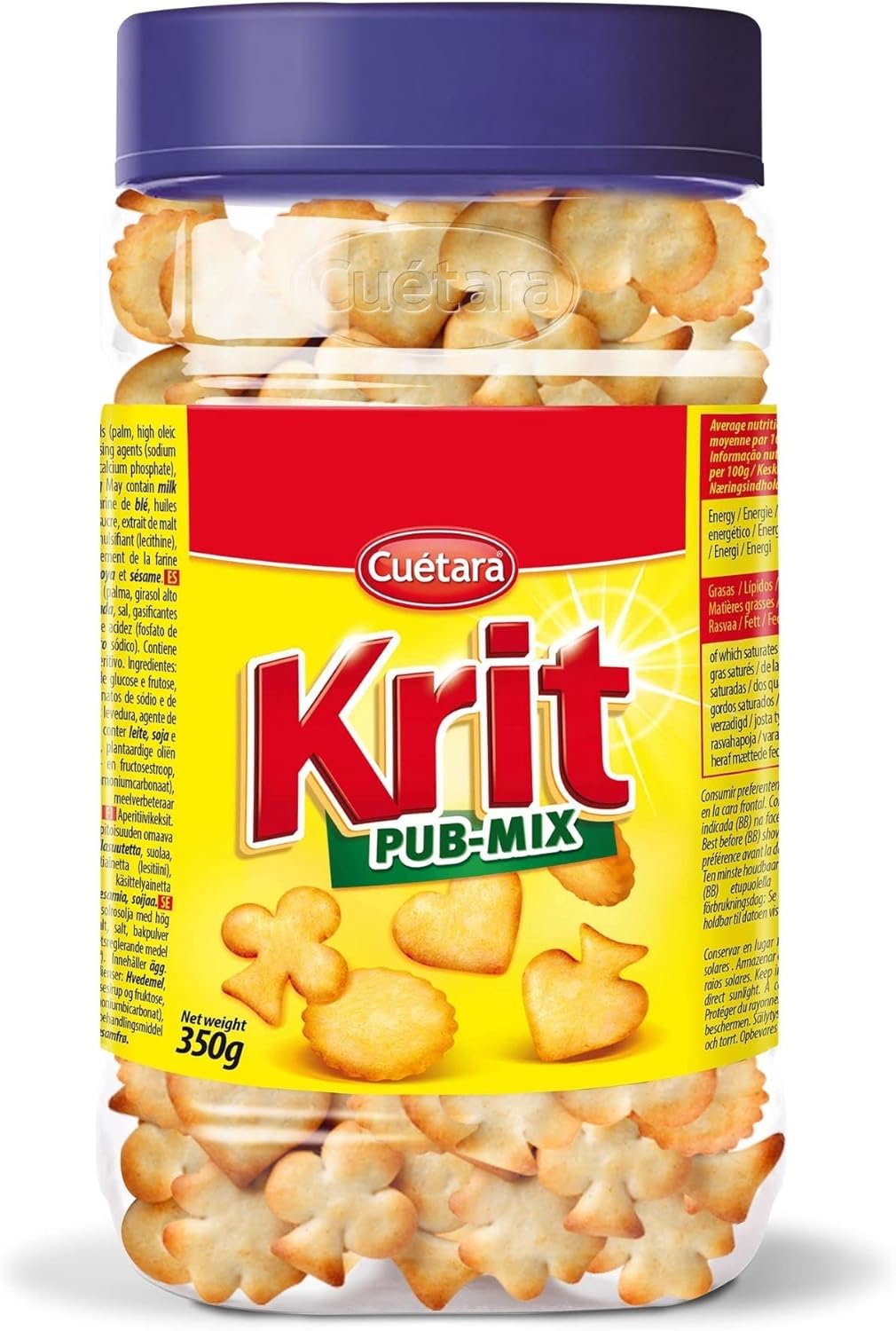 Cuétara - Biscuits salés Pub Mix - Format pot de 350 g - Assortiment - Formes de cœur, carreau, trèfle et pique - Avec de la farine de blé et de l'orge - Snack salé idéal pour l'apéritif