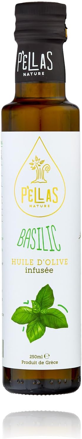 Pellas Nature Huile d'Olive Extra Vierge au Basilic - Huile d'Olive Pressée à Froid, Produit Primé de Grèce, OK-Kosher, Sans Additifs, Bouteille de 250ml Huile d'Olive au Basilic