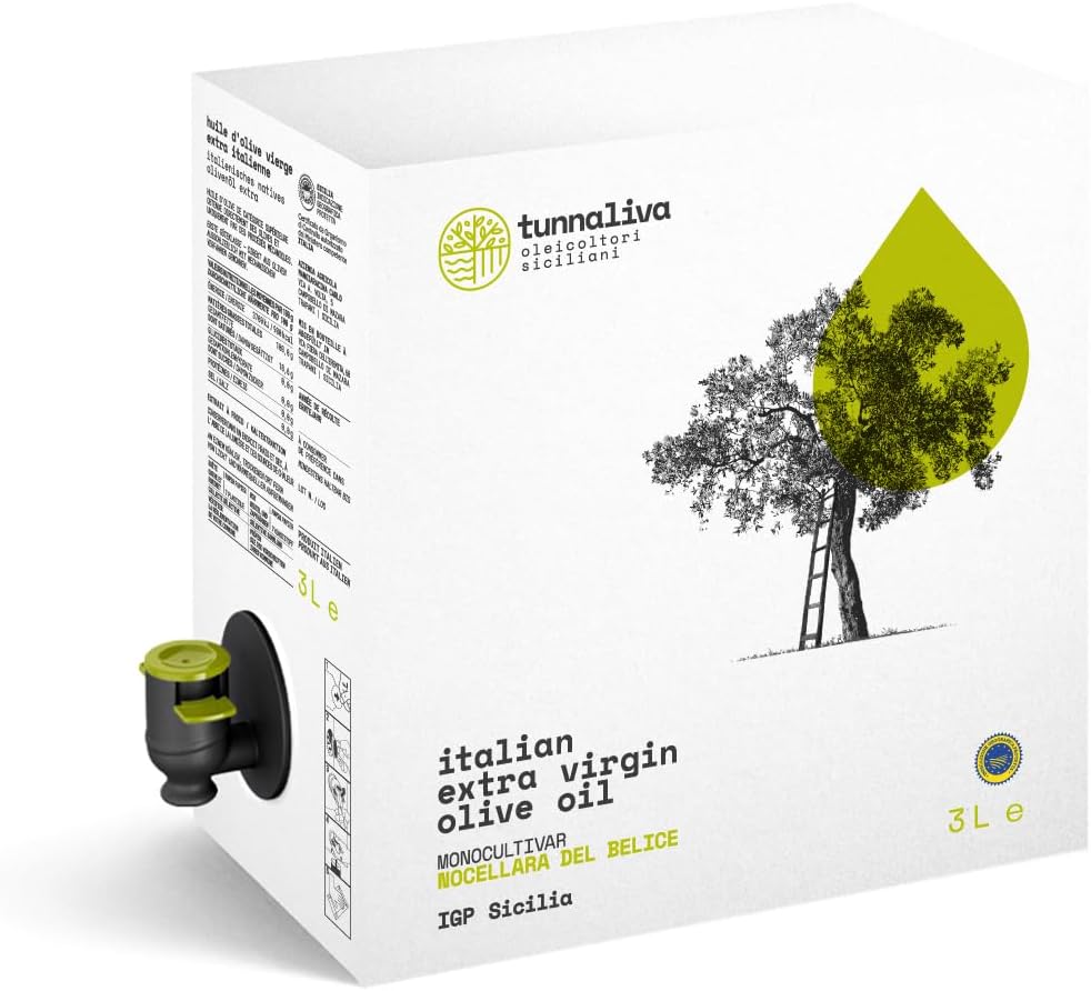 Huile EVO Tunnaliva - Huile d'Olive Extra Vierge Italienne - 100% Nocellara del Belice - IGP Sicile - 3 Litres Bag-in-box