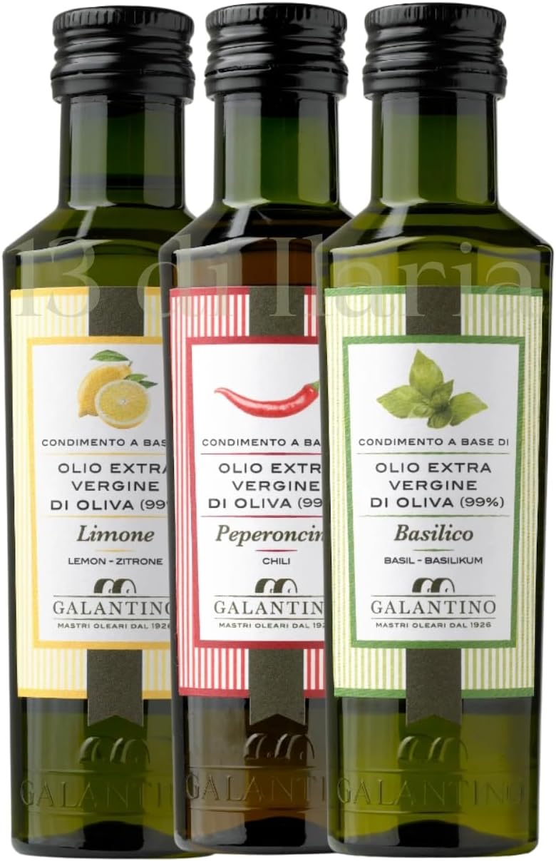Trio Huiles d'Olive Extra Vierge 3x100ml – Piment, Basilic, Citron - 100% Italienne - Pressées à Froid - Coffret Gourmet de Pouilles - 13 di Ilaria 3 da 100ml