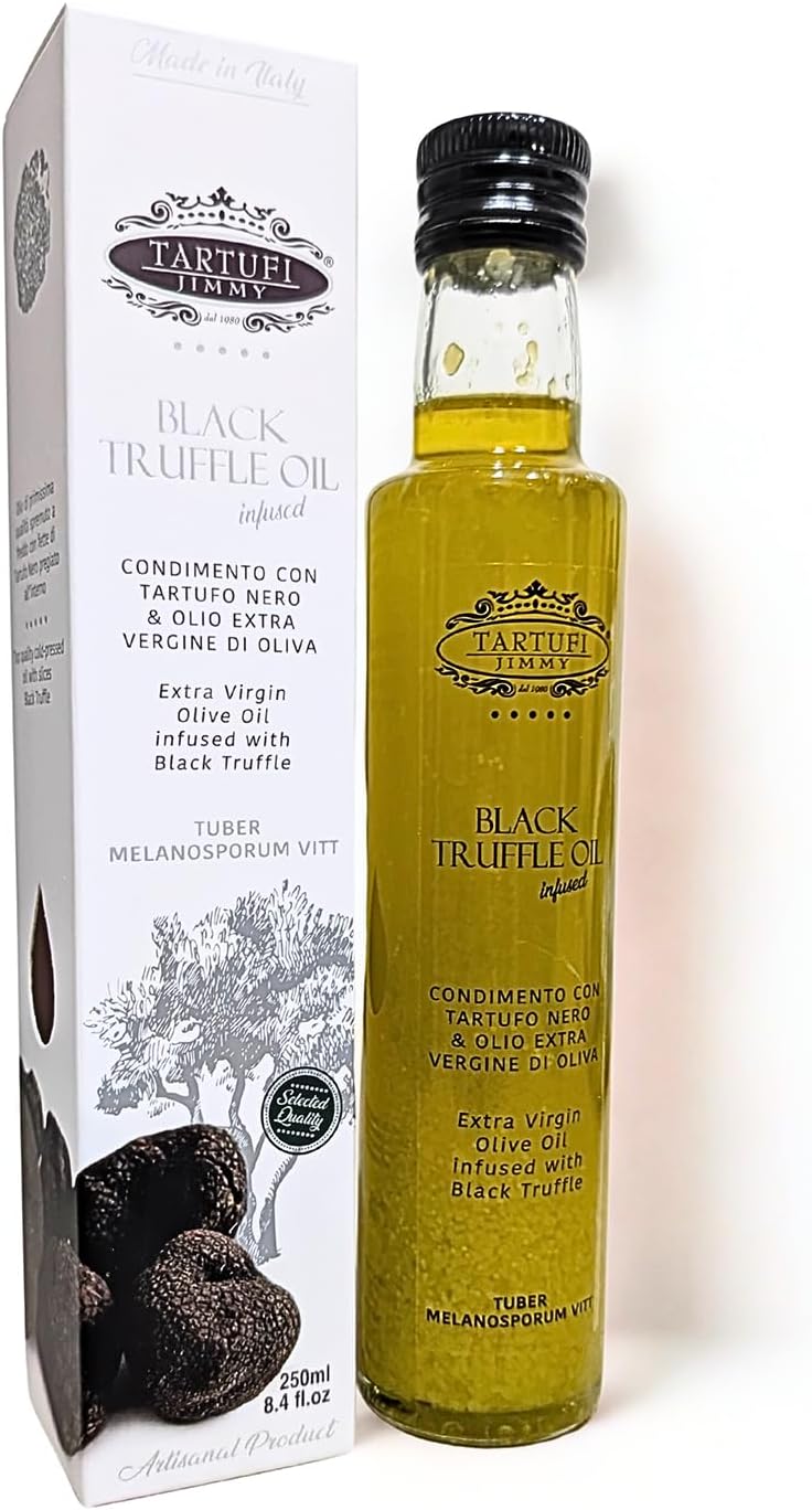 Huile d’Olive Extra Vierge à la Truffe Noire de Qualité avec Coffret - 250ml - Fabriqué en Italie - Condiment Gourmet avec Truffe Noire en Tranches