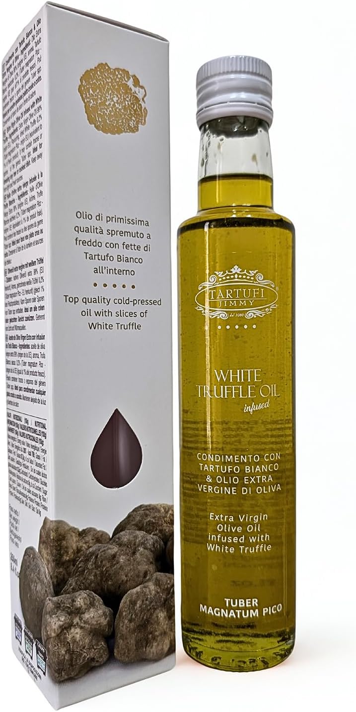 Huile d’Olive Extra Vierge à la Truffe Blanche avec Coffret - 250ml - Condiment Gourmet avec Truffe en Tranches - Fabriqué en Italie