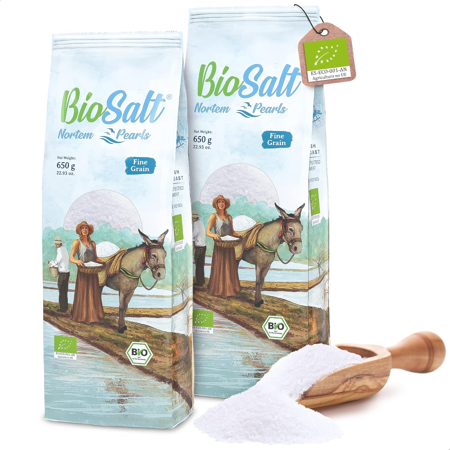 BioSalt Nortem Pearls Sel de Mer Vierge Biologique 2x650 g à Grains Fins - Sel Gourmet 100% Naturel - Riche en minéraux - Cuisine Saine - Non Raffiné, sans Conservateurs.