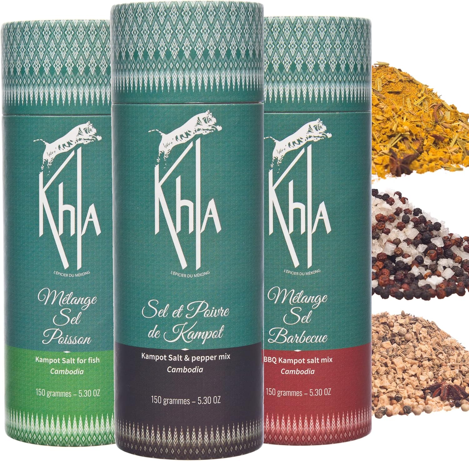 Coffret Trio de Sel - Mélanges Sels & Épices 3 variétés : Barbecue, Poissons, Sel & Poivre - 3 x 150 g - Idée Cadeau - Grands Crus - Ingrédients Cuisine - Origine Cambodge Asie