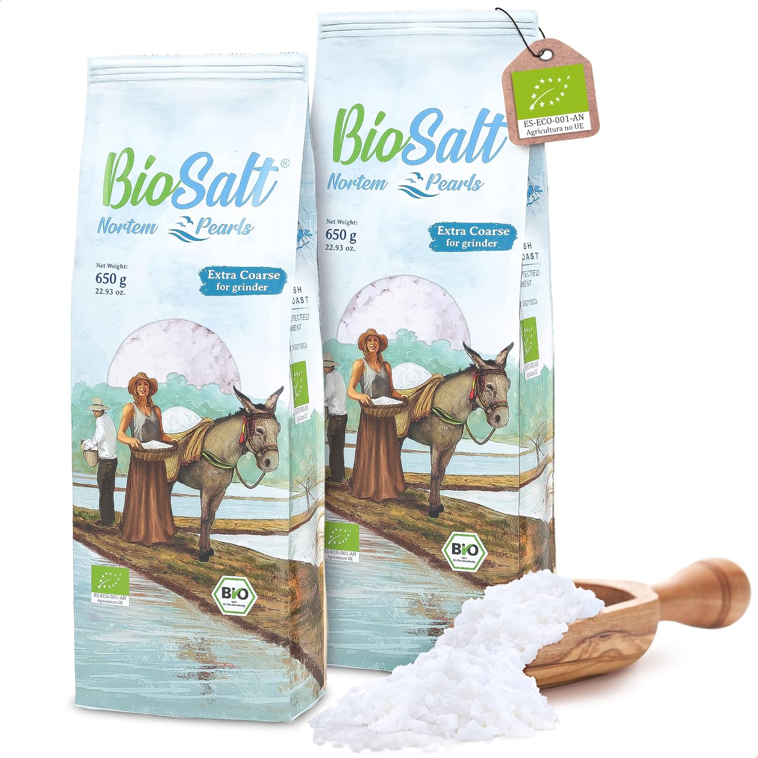 BioSalt Nortem Pearls Sel de Mer Vierge Biologique 2x650 g Extra Gros Grain - Sel Gourmet 100% Naturel - Riche en minéraux - Cuisine Saine - Non Raffiné, sans Conservateurs - Conservateurs - 650 g (Lot de 2)