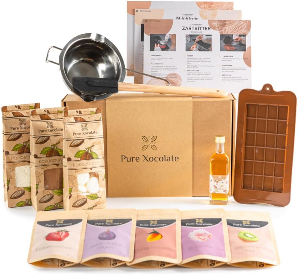 Pure Xocolate Coffret DIY Chocolat - Tablettes de Chocolat Maison - Inclus : Garnitures, Sirop d'Agave, 1 Moule Silicone, Thermomètre, Bol, Spatule - Vegan, Pauvre en Sucre, Sans Gluten ni Lactose international