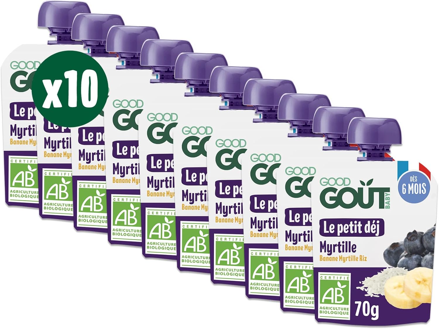 GOOD GOÛT - Petit Déj Myrtille - Gourde Pour Bébé - Dès 6 Mois - Format Nomade - Sans Sucres Ajoutés - 10x70g (L'emballage peut varier) Myrtille 71 g (Lot de 10)