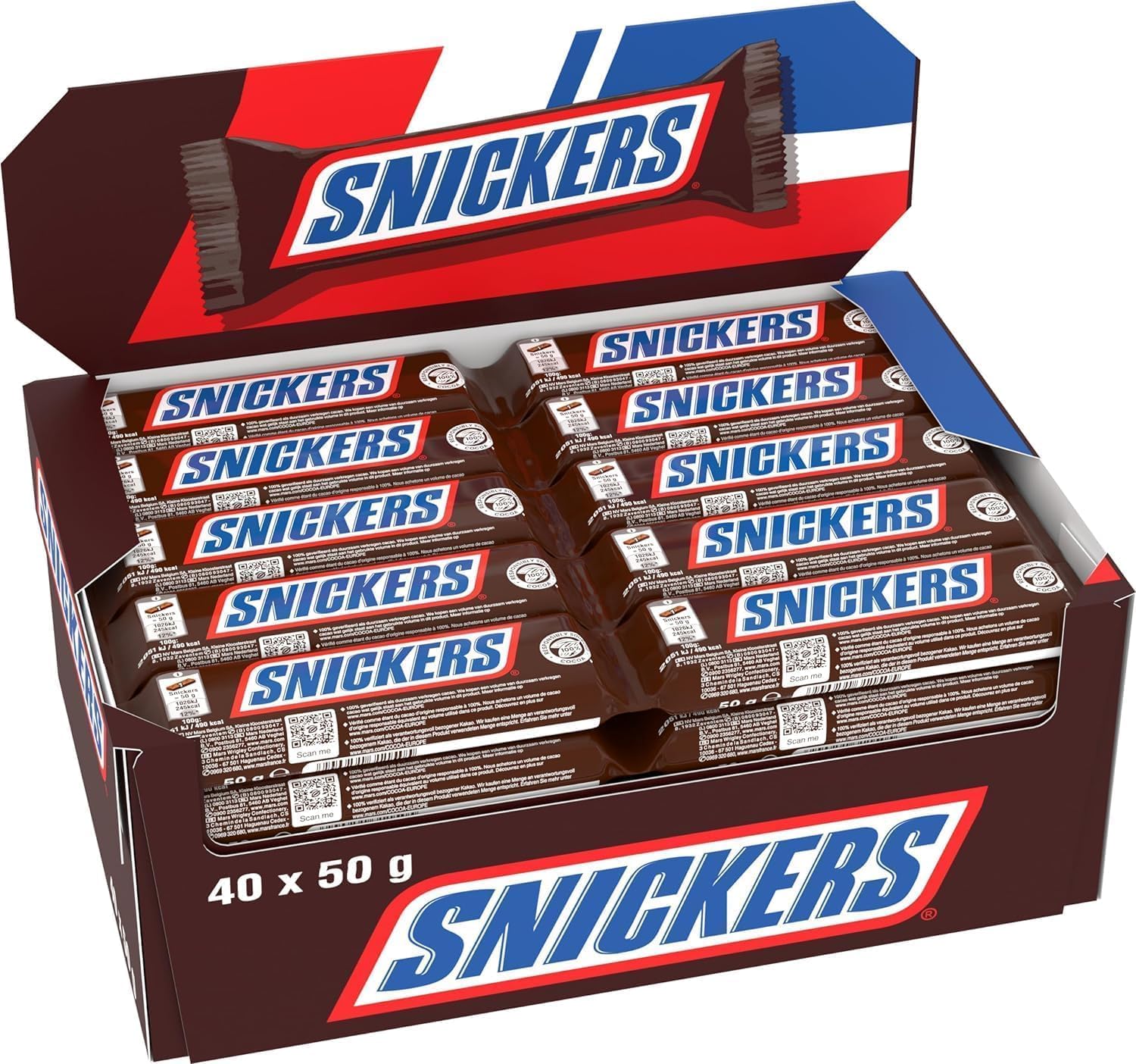 Barre Chocolat au Lait, Cacahuètes & Caramel - Grand format - 40 barres chocolatées individuelles de 50g - 2kg