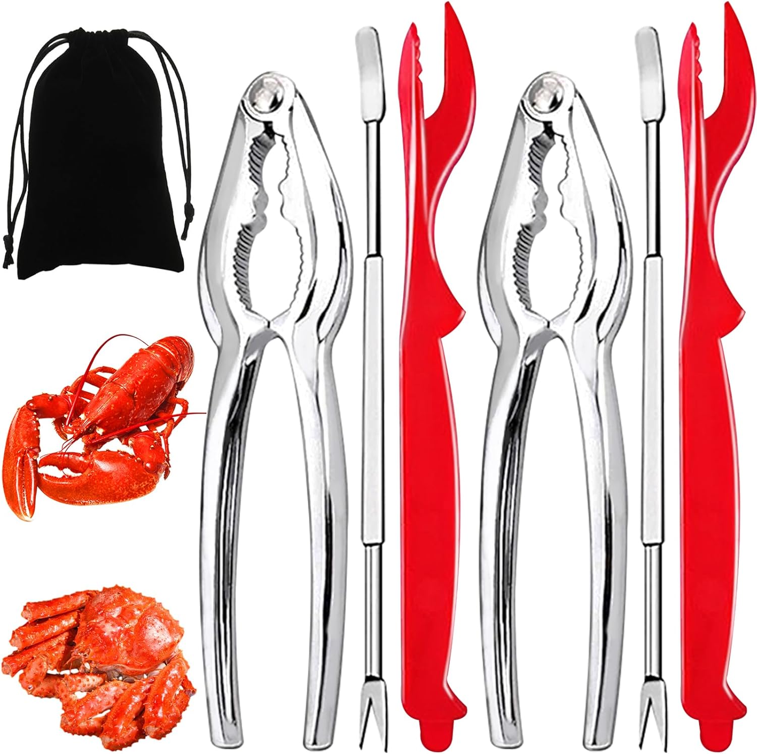 Artcom Lot de 7 outils pour fruits de mer 2 craquelins à crabe, 2 coquilles à homard, 2 fourchettes à crabe, 1 sac de rangement Crab Forks