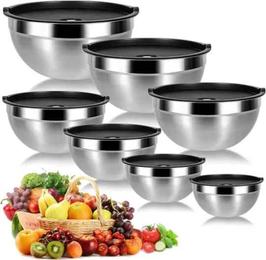 Cinnani 7 Lot de Bol Inox avec Couvercle, Bols mélangeurs, Saladier, Bols de Service, Bol cuisine multifonctionnel 7 unité Acier Inoxydable