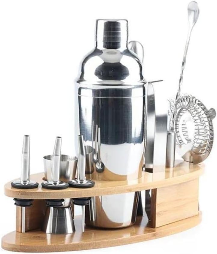 Recalma Shaker Cocktail Set Cocktail Kit, 12 Piéces INOX, Bartender Kit Set Cocktail Shaker 750 ML, avec Support en Bois, avec Jigger, Crépine, Verseur