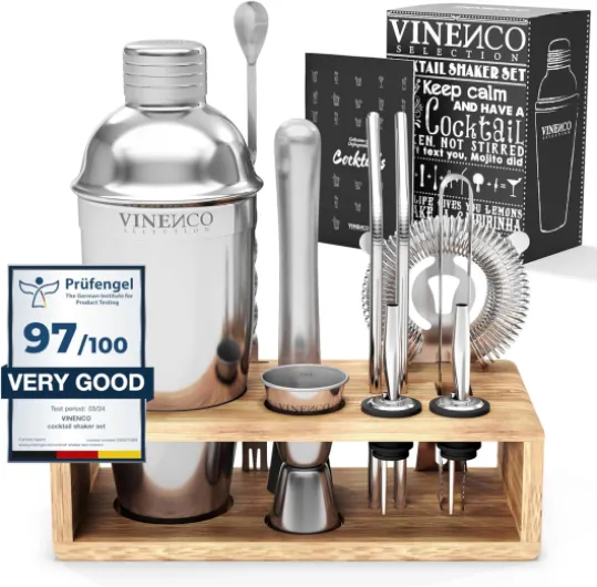 Cocktail Shaker Kit avec Support + Livre Cocktail + d'Accessoires Professionnel: INOX Qualité Extra, Bar Ensemble: Cuillère a Mélange Pilon Jigger Paille - Gin Mojito Martini Set Cadeau Femme Homme Manhattan Cocktail Shaker Kit avec Support